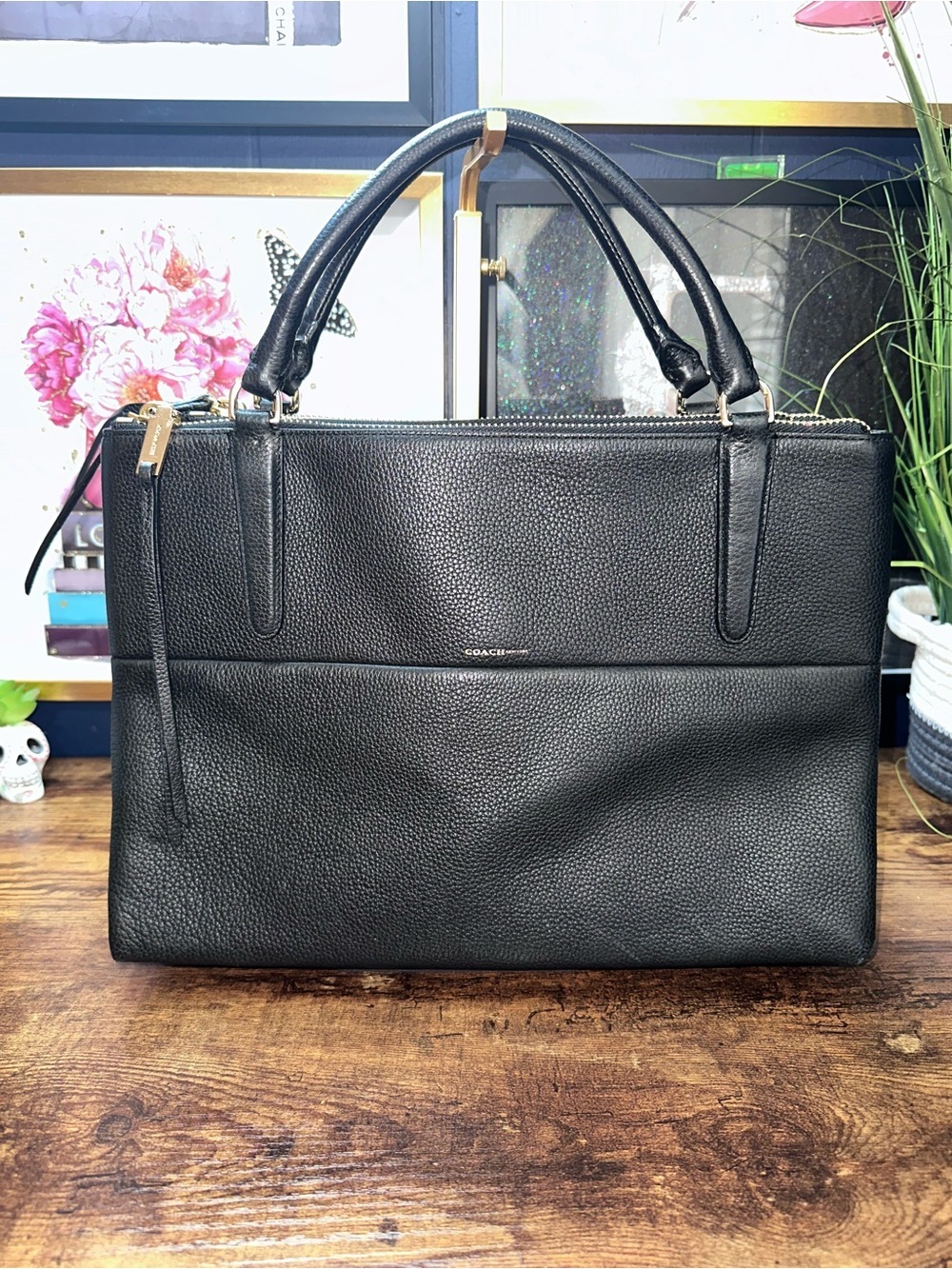 2014 Coach Borough Bag featuring gold-tone hardware and signature zipper pulls.